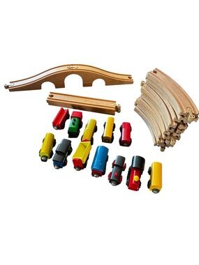 IKEA LILLABO Wooden Train Set Tracks Bridge & 13 Magnetic Cars